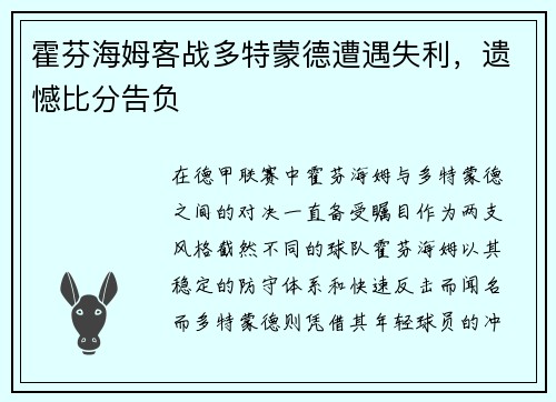 霍芬海姆客战多特蒙德遭遇失利，遗憾比分告负
