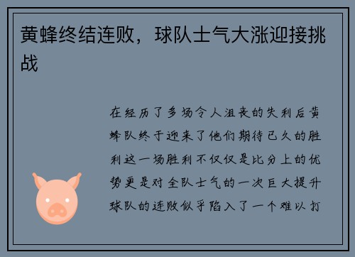 黄蜂终结连败，球队士气大涨迎接挑战